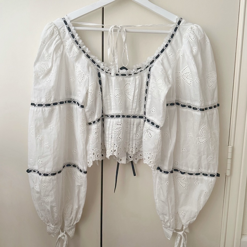 For Love And Lemons Rowan White Eyelet Peasant Blouse with Black Trim - Picture 5 of 5